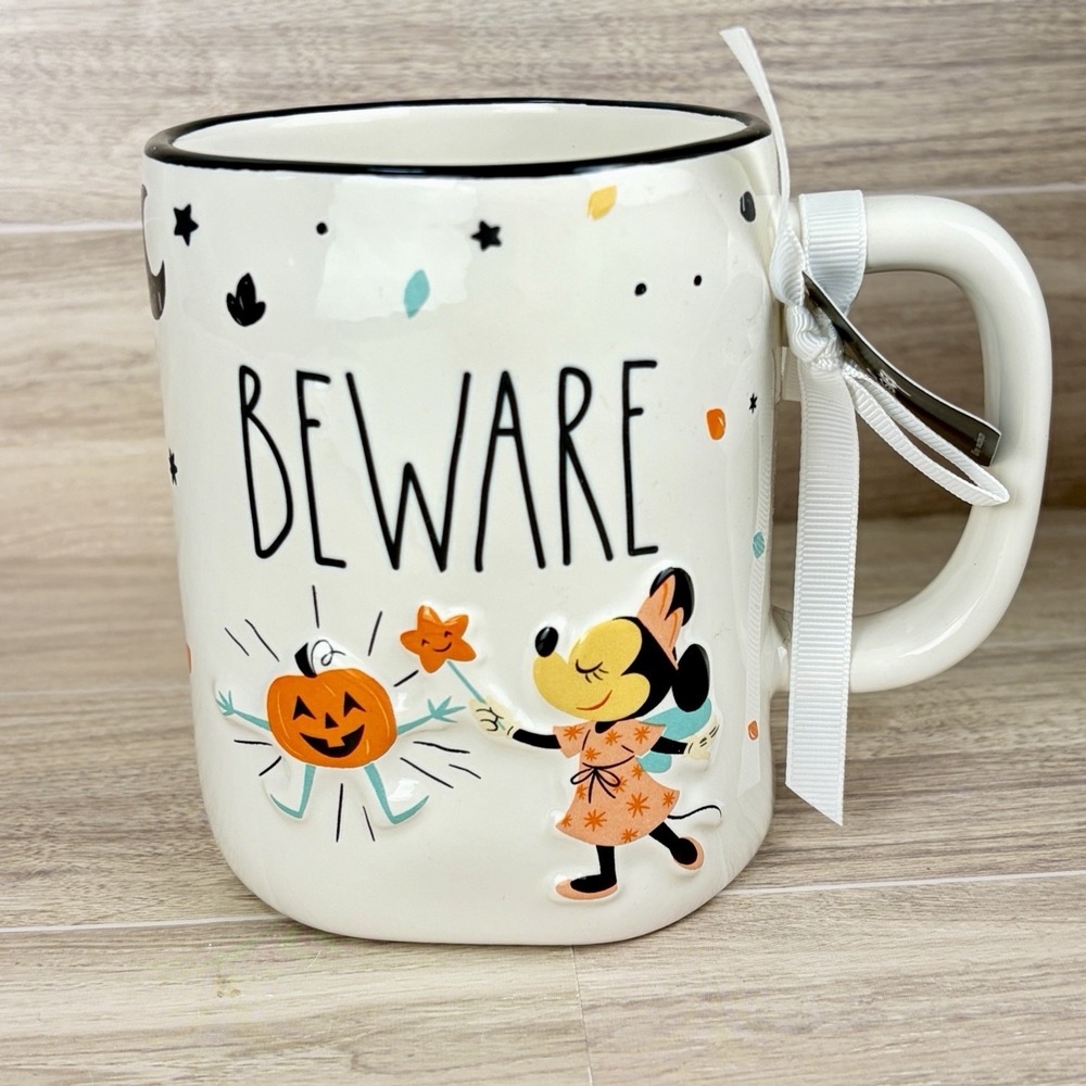 Minnie Mouse Rae Dunn Halloween Mug Beware Pumpkin Wand Stars Coffee Cup New NWT